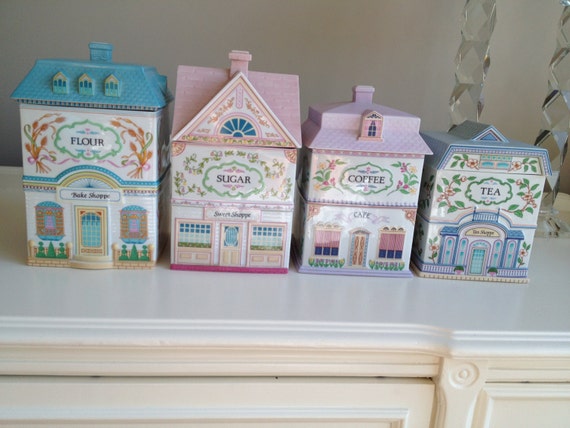 Set Of 4 Lenox Village Porcelain House Shaped Canisters