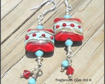 Lampwork Earrings, Turquoise-Ivory-Red, Sterling Artisan Handmade SRA LETEAM Glassymom