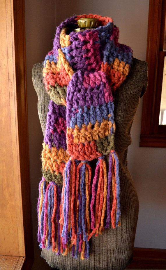 Long Crochet Scarf with Fringe Golden Autumn Rainbow Winter