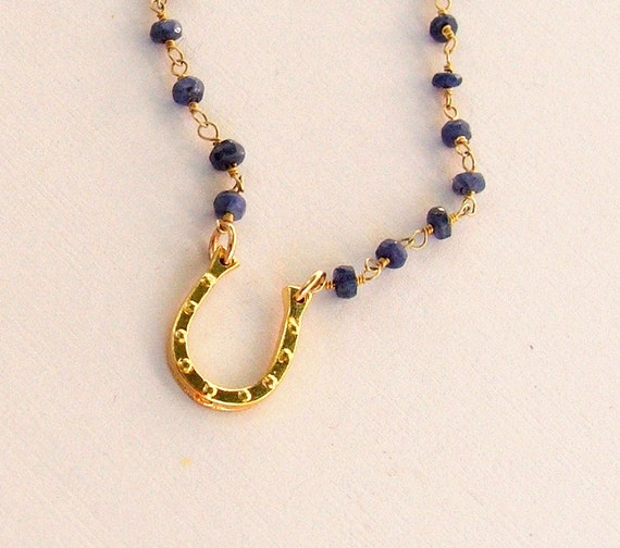 Sapphire Blue Necklace, Wire Wrapped Rosary Style, Royal Blue, Horseshoe Charm, Pendant, Gold, Dark Blue, Lucky Charm, 14k Gold Filled