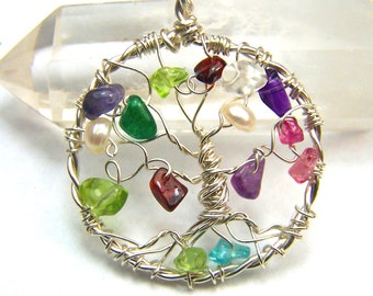 Family Tree necklace pendant - Genealogy Tree of Life gemstone birthstone gift for mother mom grandmother personalized gift Sterling Silver