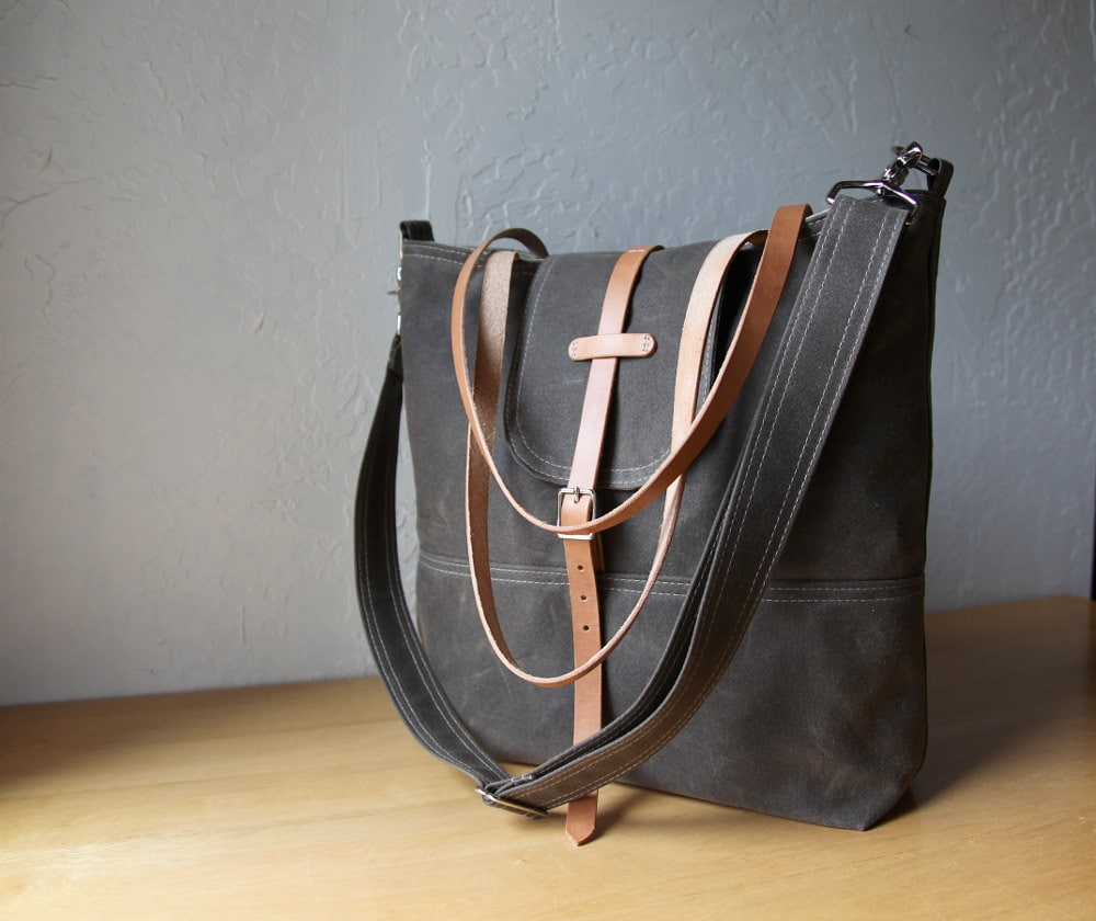 Waxed Canvas Tote // Tall // With leather straps and by infusion