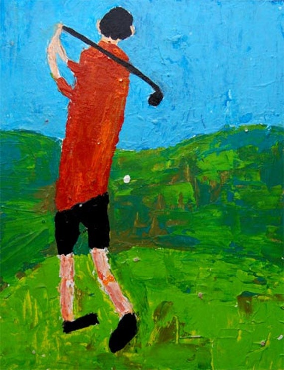 Acrylic Palette Knife Painting Good Follow Through - Original Portrait boy, man, golf club, blue sky, orange, black, green golf course