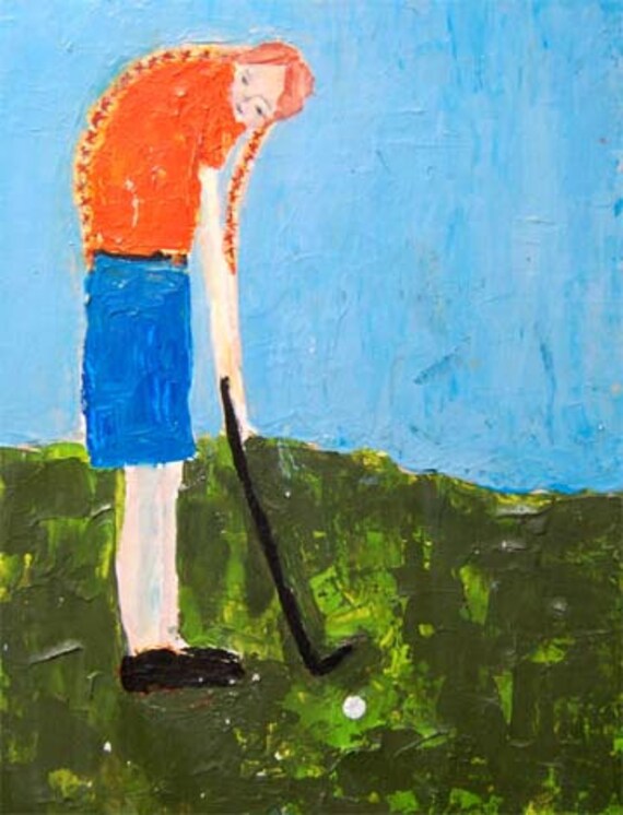 Acrylic Palette Knife Painting 8.5x11 Original Portrait Red Braids, Golfing, Golf Course, Girl, Golf Club, Green, Orange