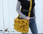 Diaper Bag - Ruffled in Mustard Yellow Linen- Adjustable Strap -