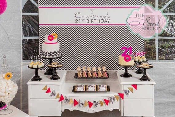 Black and White CHEVRON 21st Birthday Party Printable Backdrop 