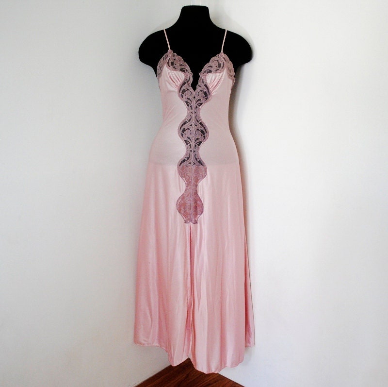 Pink Nightgown Sheer Lace Negligee' Vintage Lingerie