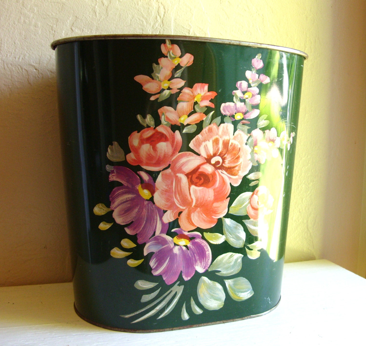 Vintage Dark Green Floral Floral Metal Trash Can Flowers Waste