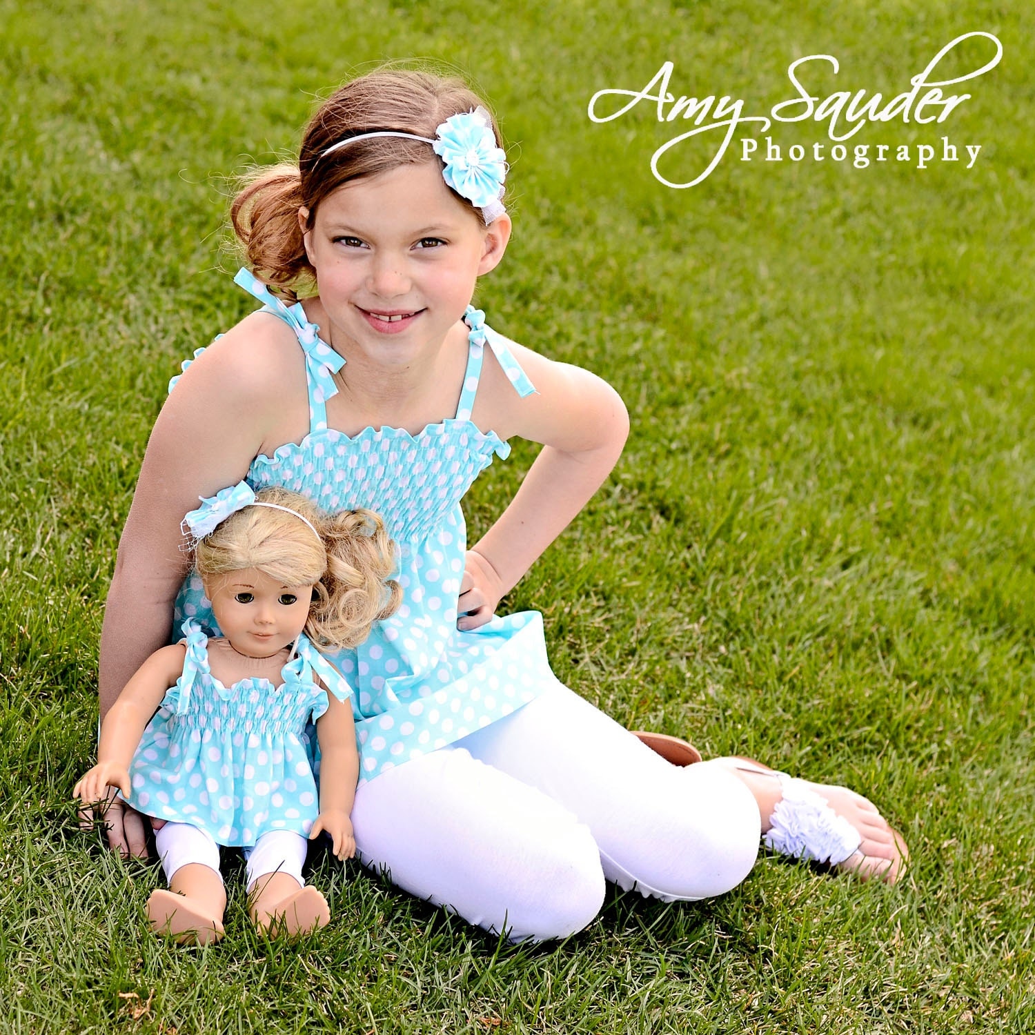 Boutique Matching Doll and Girl Outfits Designer Aqua dot