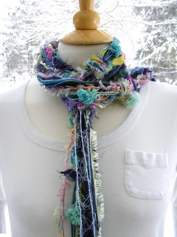 Women's Long Skinny Fuzzy Fiber Layered Scarf or by meiguidesigns