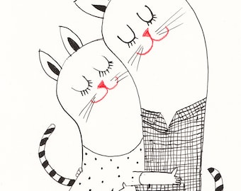 Hugs and Kisses / ORIGINAL ILLUSTRATION / ink drawing / Love / Cute cats