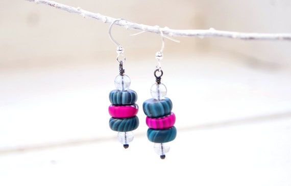 Crystal Modern Art Jewelry Earrings -Czech Glass,Teal and Fuchsia Polymer Clay Gypsy Trade Beads, Sterling Silver