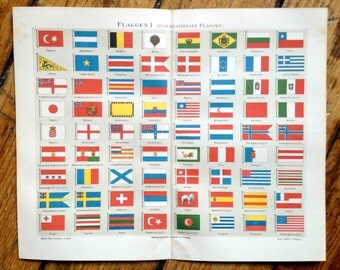 1889 FLAGS ANTIQUE LITHOGRAPH - original antique print - international country flag - National flags -
