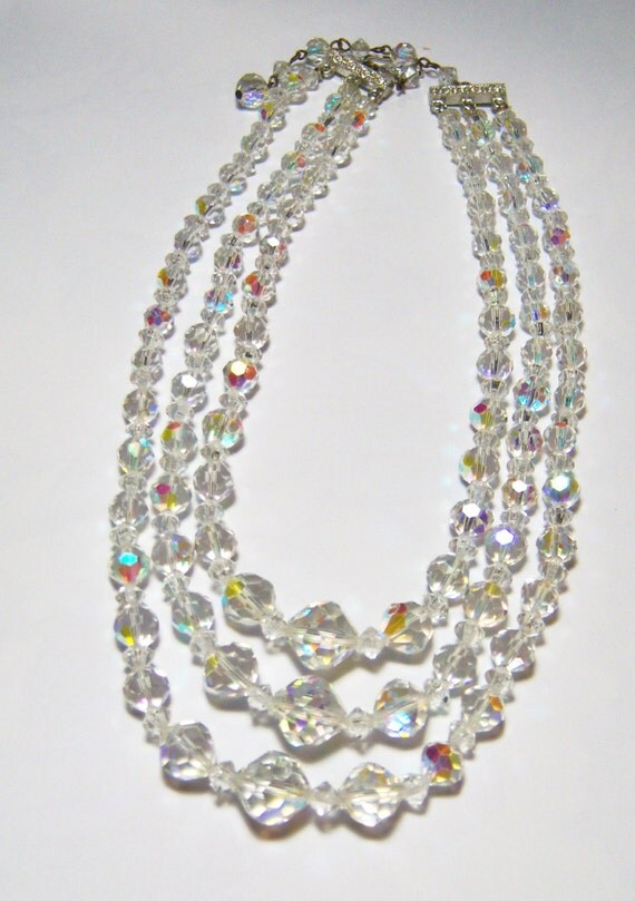 Vintage Aurora Borealis Crystal Bead Three Strands Necklace 8183