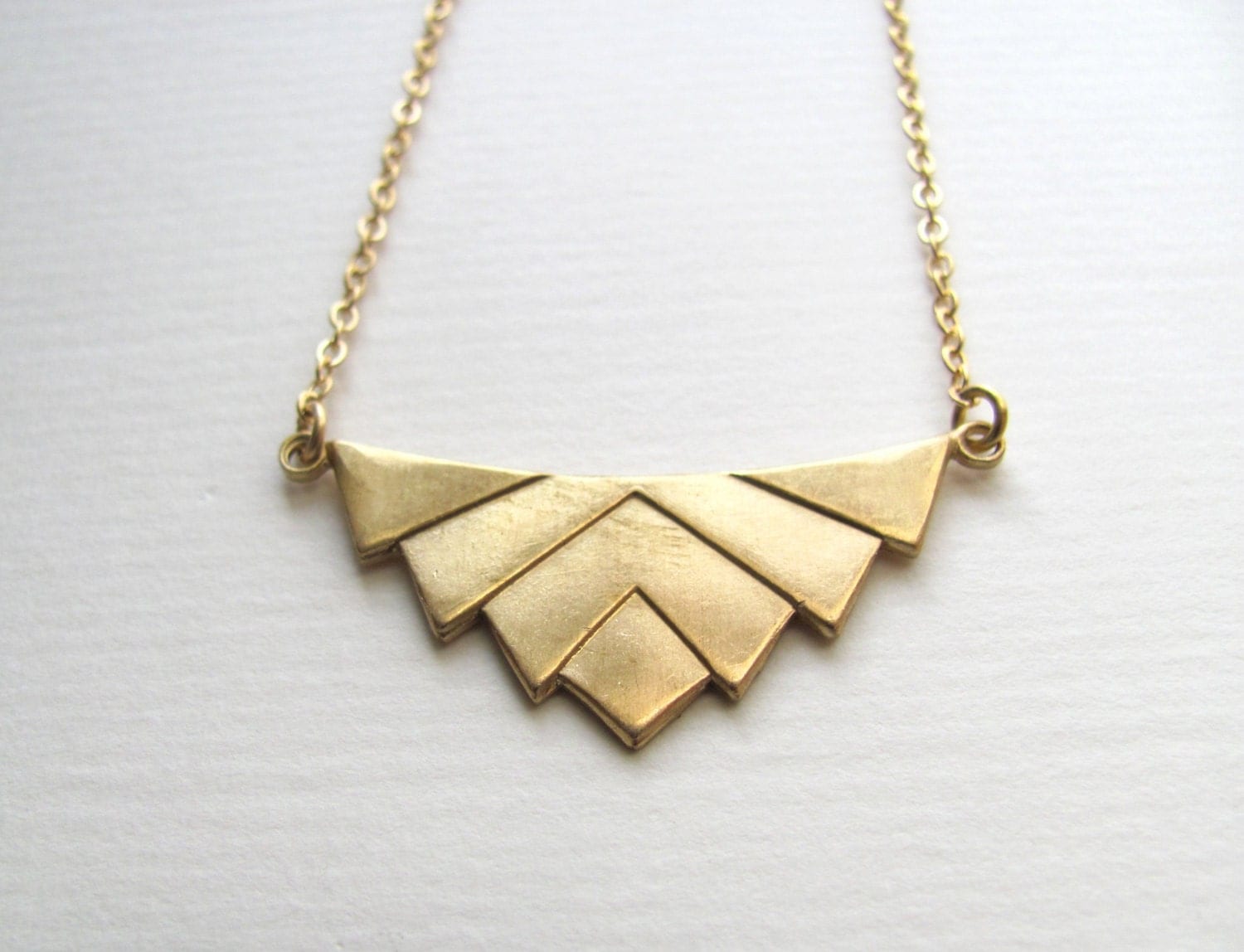 Art deco chevron pendant bib necklace on 14k gold plate chain