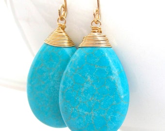 Turquoise Gold Earrings, Wire Wrapped, Turquoise Teardrop, Huge Giant Large Gemstones, Handmade Jewelry by Sonja Blume