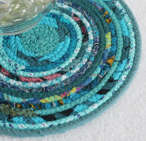 Teal Bohemian Round Coiled Mat / Mug Rug / by PrairieThreads