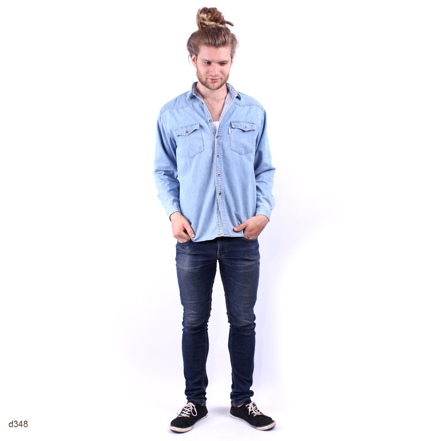Vintage Western Denim Shirt for Men / Light Blue Faded Shirt
