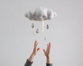 Lightning Storm Cloud Mobile- modern fabric sculpture for nursery decor in white linen and metallic faux leather- Free US Shipping