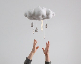 Lightning Storm Cloud Mobile- modern fabric sculpture for nursery decor in white linen and metallic faux leather- Free US Shipping
