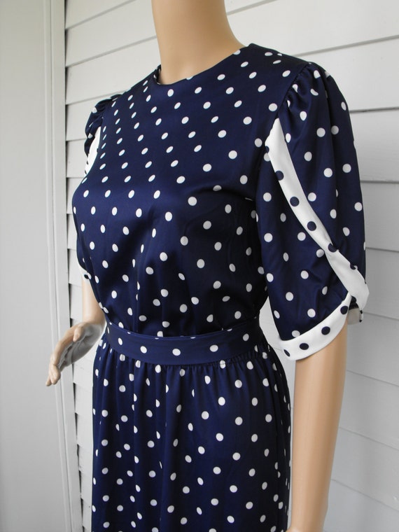 80s Blue Polka Dot Dress Retro 1980s Vintage M 10 by soulrust