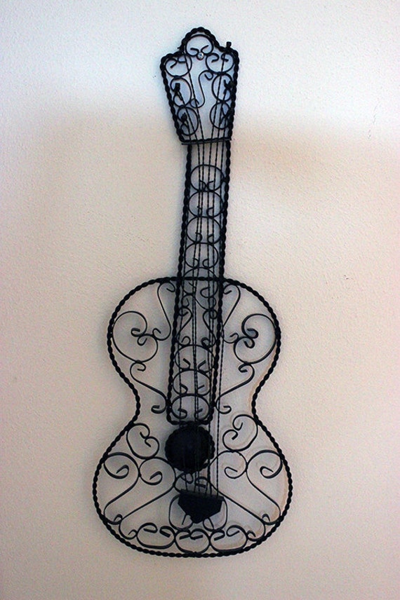 Vintage Wrought Iron Metal Decorative Wall Black Guitar