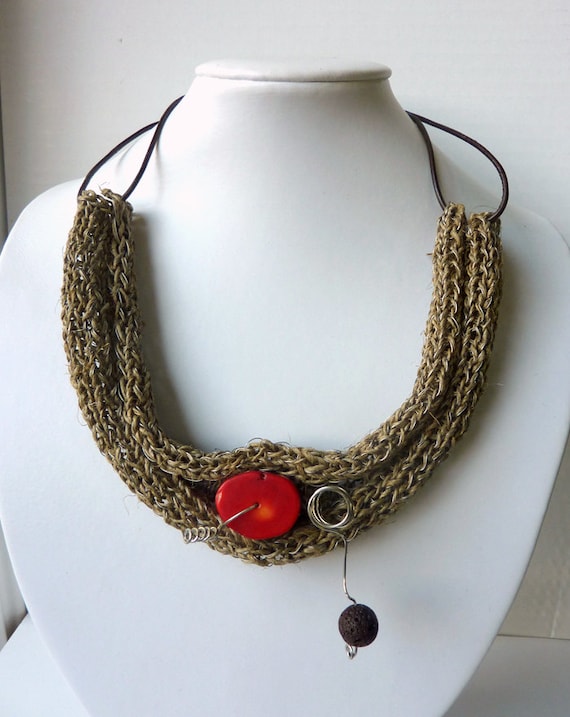 Red Coral and Brown Lava Stone on Crochet Linen Necklace