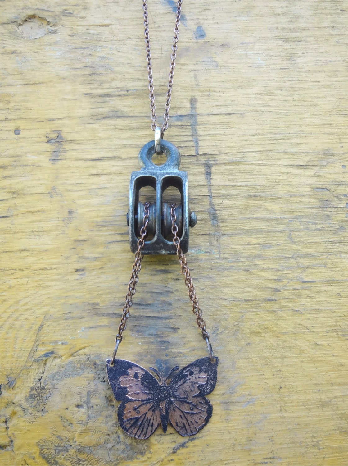 Steampunk Butterfly Necklace Rustic Copper With Antique Pulley
