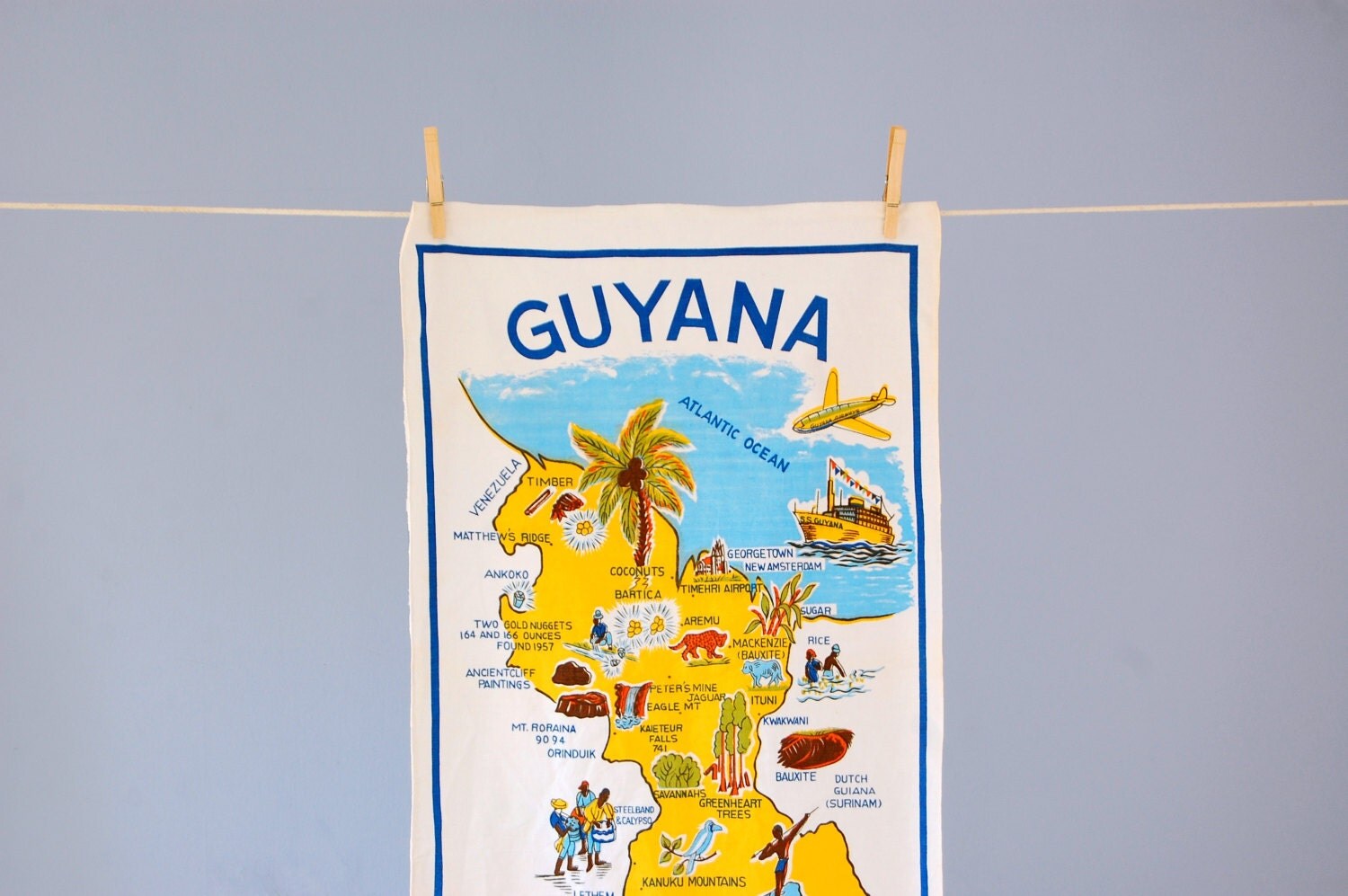 Guyana Tea Towel Vintage 1960s Kitchen Decor Novelty Souvenir