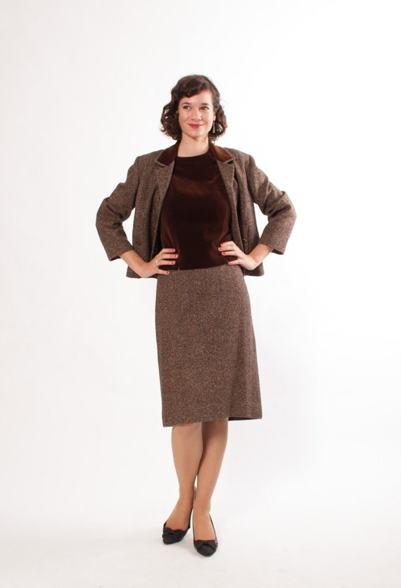 60s Tweed Suit Skirt Suit Svelt Brown