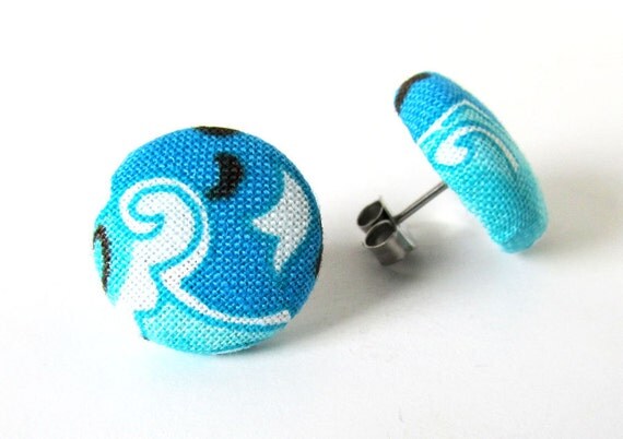 Button earrings stud blue turquoise white black by KooKooCraft