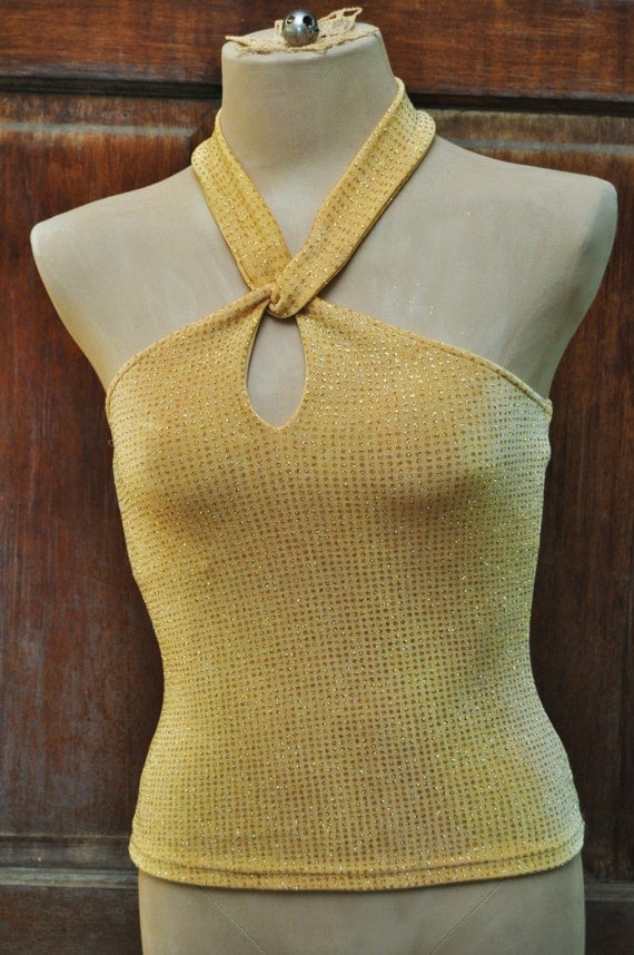 Vintage Halter Top Sparkle Gold 80s 90s Disco Rock Diva