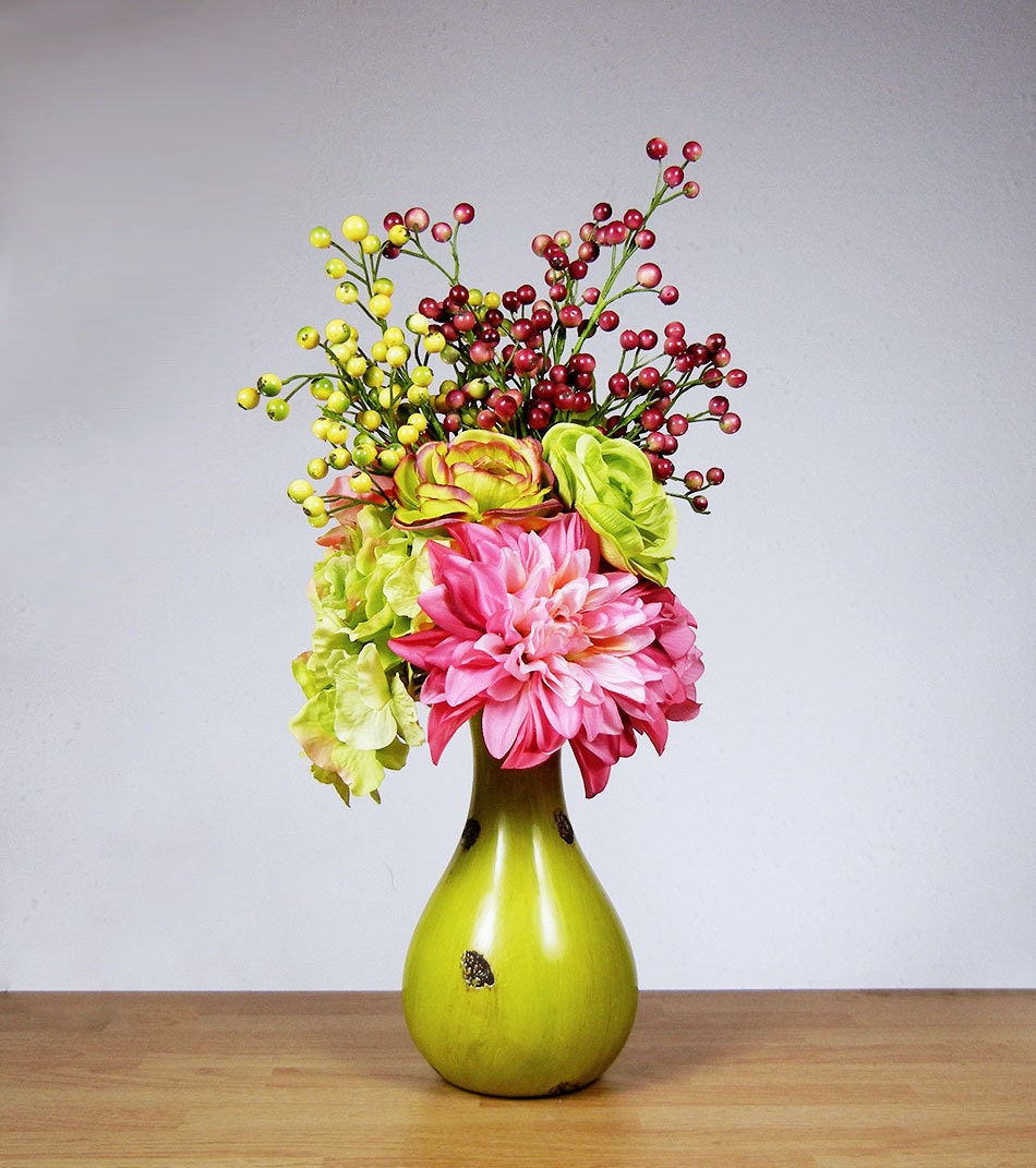 New Hot Pink Lime Green Hydrangea Rose Mum Table Centerpiece Floral