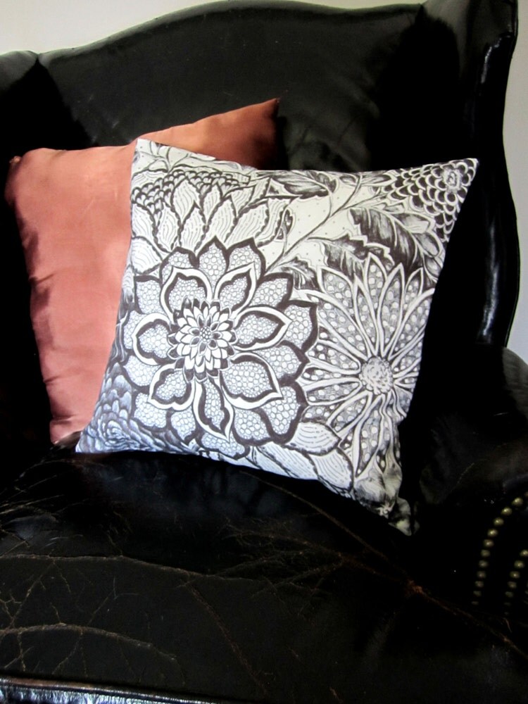 Floral Pillow Zen Garden Black and White 16x16 by Michelebuttons