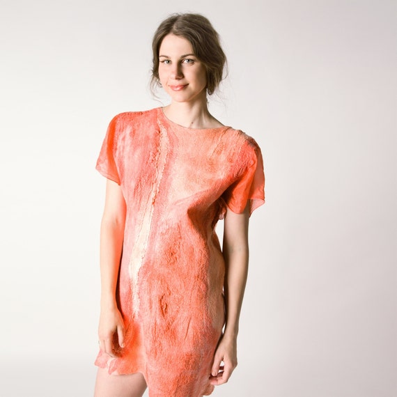 Coral dress nunofelting salmon tangerine pink blush by Baymut