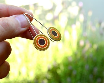 Sterling Silver Earrings, Mustard, Orange, Chocolate, Colorful, Circles, Modern, Contemporary