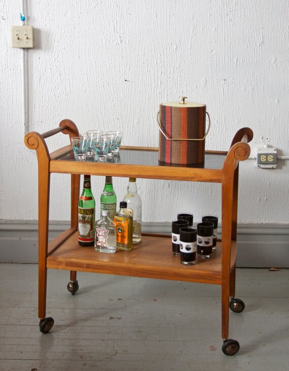 Items similar to Vintage Mid Century Wood Two Tiered Bar Cart with