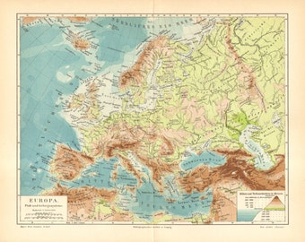 1903 Original Antique Relief Map, River and Mountain System of Europe