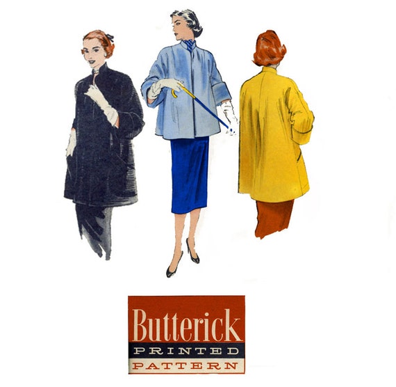 1950s Coat Pattern Butterick 6490 Bust 38 Womens Vintage Sewing Pattern Cuffed Kimono Sleeve Day or Evening Clutch Coat Swing Era UNCUT