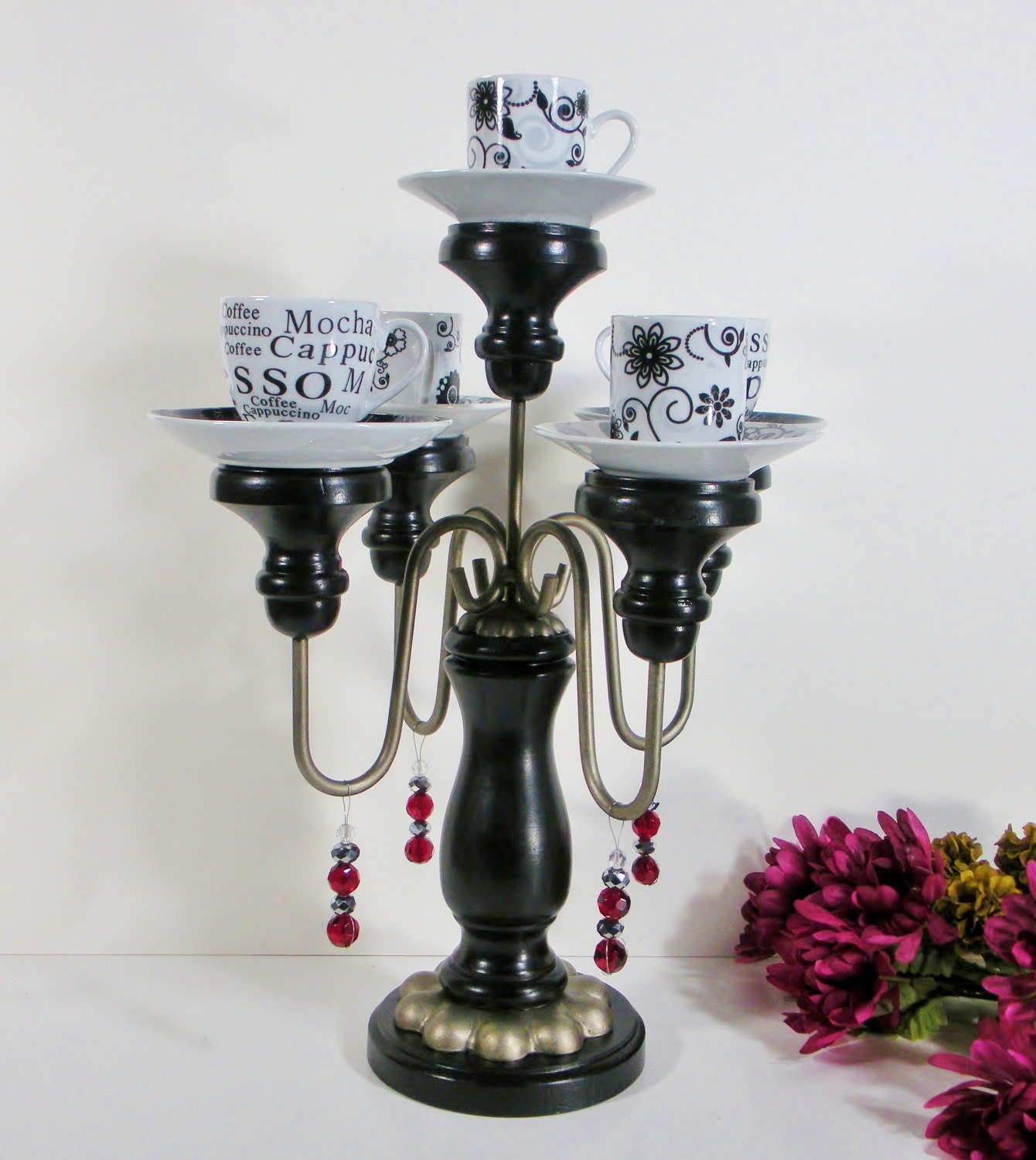 Candelabra with espresso cups unique table centerpiece by NEWaged