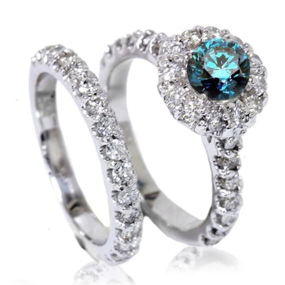 1.85CT Blue Diamond Halo Engagement Matching Wedding Ring Band
