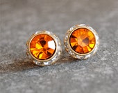 Vintage Orange Earrings Small Sugar Sparklers Swarovski Crystal Orange Diamond Rhinestone Vintage Stud Earrings Mashugana