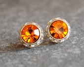 Vintage Orange Earrings Small Sugar Sparklers Swarovski Crystal Orange Diamond Rhinestone Vintage Stud Earrings Mashugana