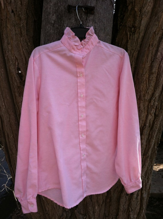 Ladies Pink Ruffled collar Button up Shirt