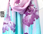 Hand Painted Silk Shawl. Lavender Purple Irises. Purple Silk Shawl Bridal. Wedding Shawl. 22x72 in.