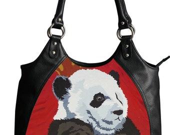 Giant Panda Vegan Leather Retro Handbag by Salvador Kitti - From My Painting, Pensive Panda