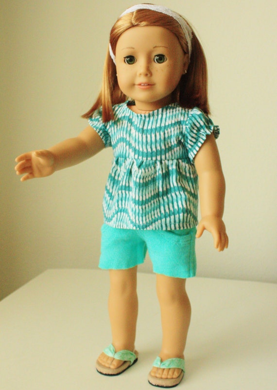 Trendy shorts outfit, with flip flops and headband for American Girl, 18 inch doll, modern clothes