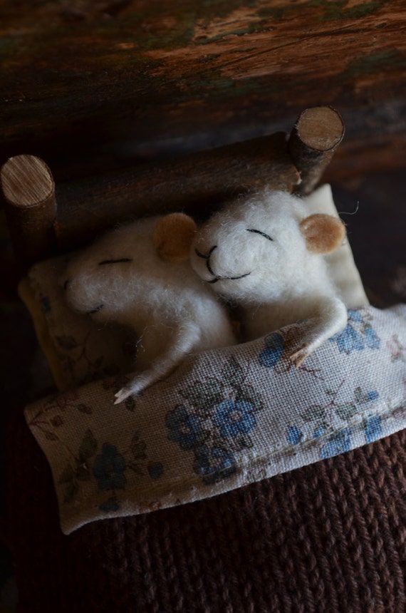 Sleeping Married Sweet Tiny Mice - unique - needle felted ornament animal, felting dreams made to order
