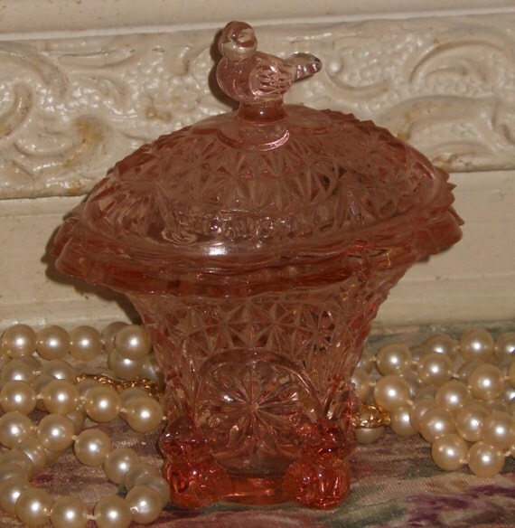 Pink Depression Glass Style Candy Dish Lid Birds by PinkCherubMoon