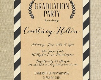 Kraft Graduation Invitation Script Black & Off White Striped Modern Ceremony Celebration FREE PRIORITY SHIPPING or DiY Printable - Courtney